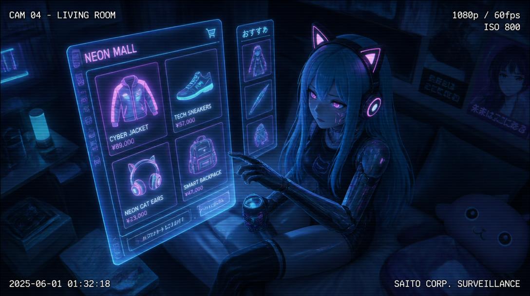 Master Pixel reviewing floating holographic shopping panels